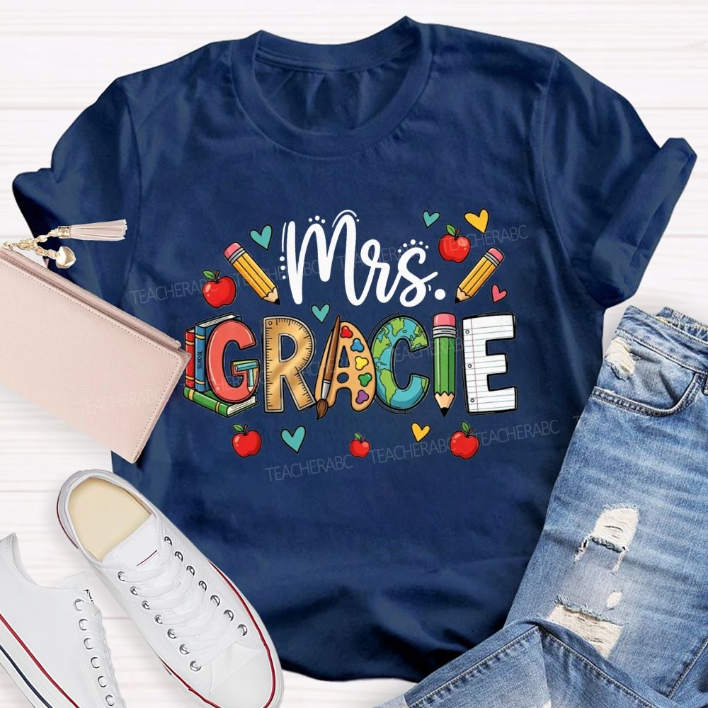 Personalized Name Doodle Letters Pencil Apple Book Globe Teacher T-shirt