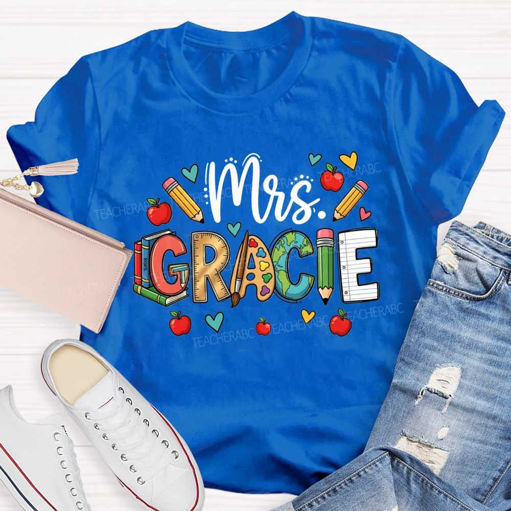 Personalized Name Doodle Letters Pencil Apple Book Globe Teacher T-shirt
