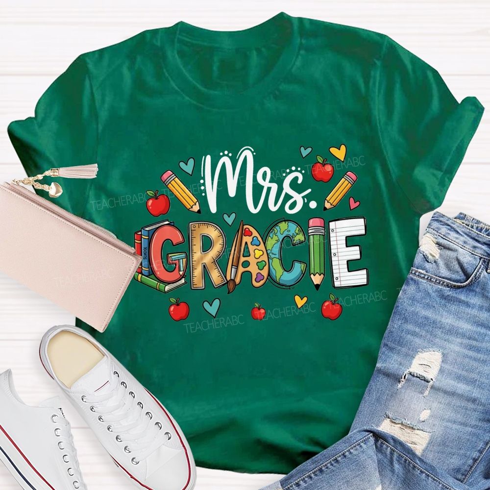 Personalized Name Doodle Letters Pencil Apple Book Globe Teacher T-shirt