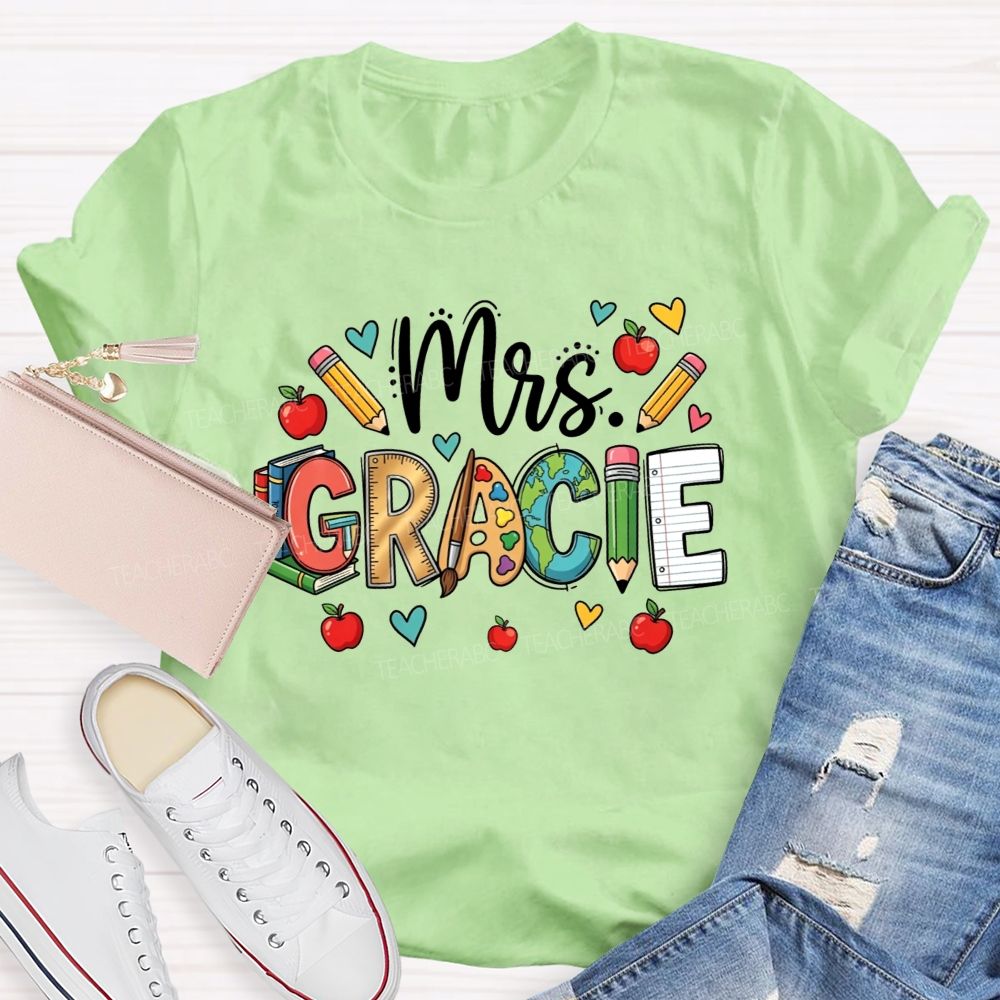 Personalized Name Doodle Letters Pencil Apple Book Globe Teacher T-shirt