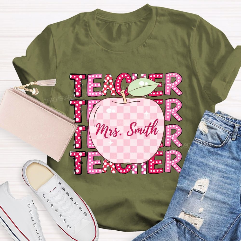 Personalized Name Teacher Pink Plaid Apple Repeat Teacher T-shirt