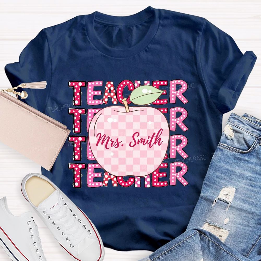Personalized Name Teacher Pink Plaid Apple Repeat Teacher T-shirt