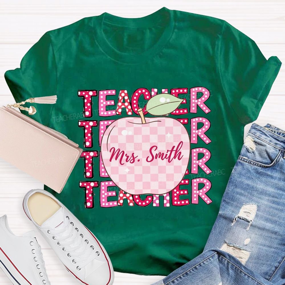 Personalized Name Teacher Pink Plaid Apple Repeat Teacher T-shirt