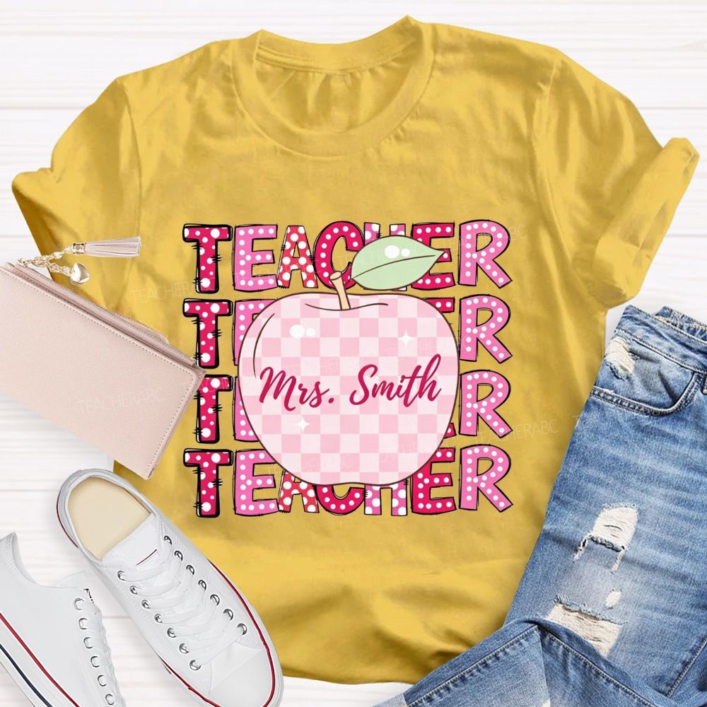 Personalized Name Teacher Pink Plaid Apple Repeat Teacher T-shirt