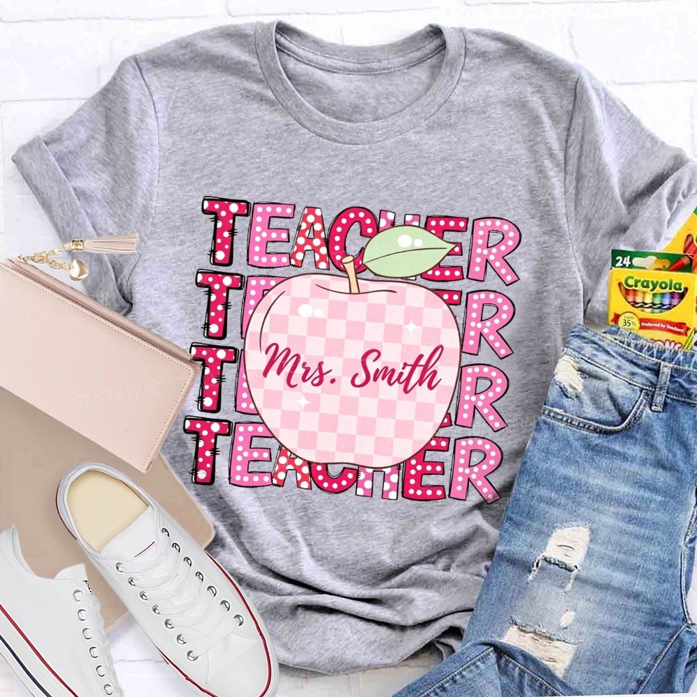 Personalized Name Teacher Pink Plaid Apple Repeat Teacher T-shirt