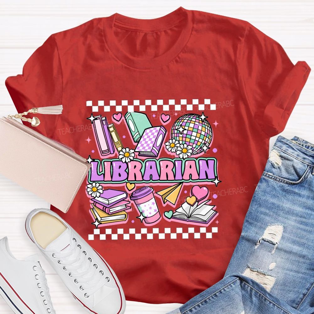 Librarian Purple Letters Checkerboard Teacher T-Shirt