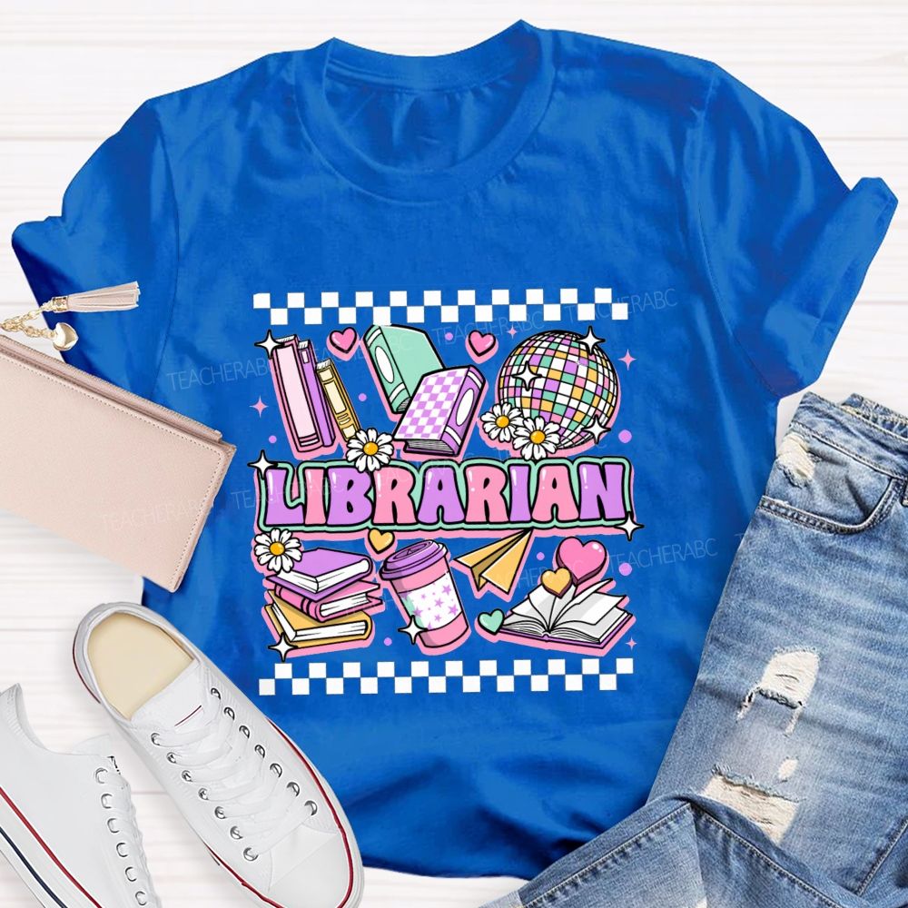 Librarian Purple Letters Checkerboard Teacher T-Shirt
