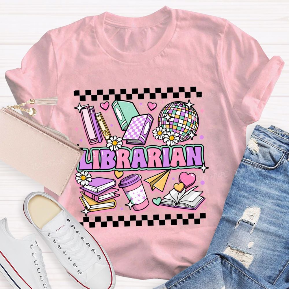 Librarian Purple Letters Checkerboard Teacher T-Shirt