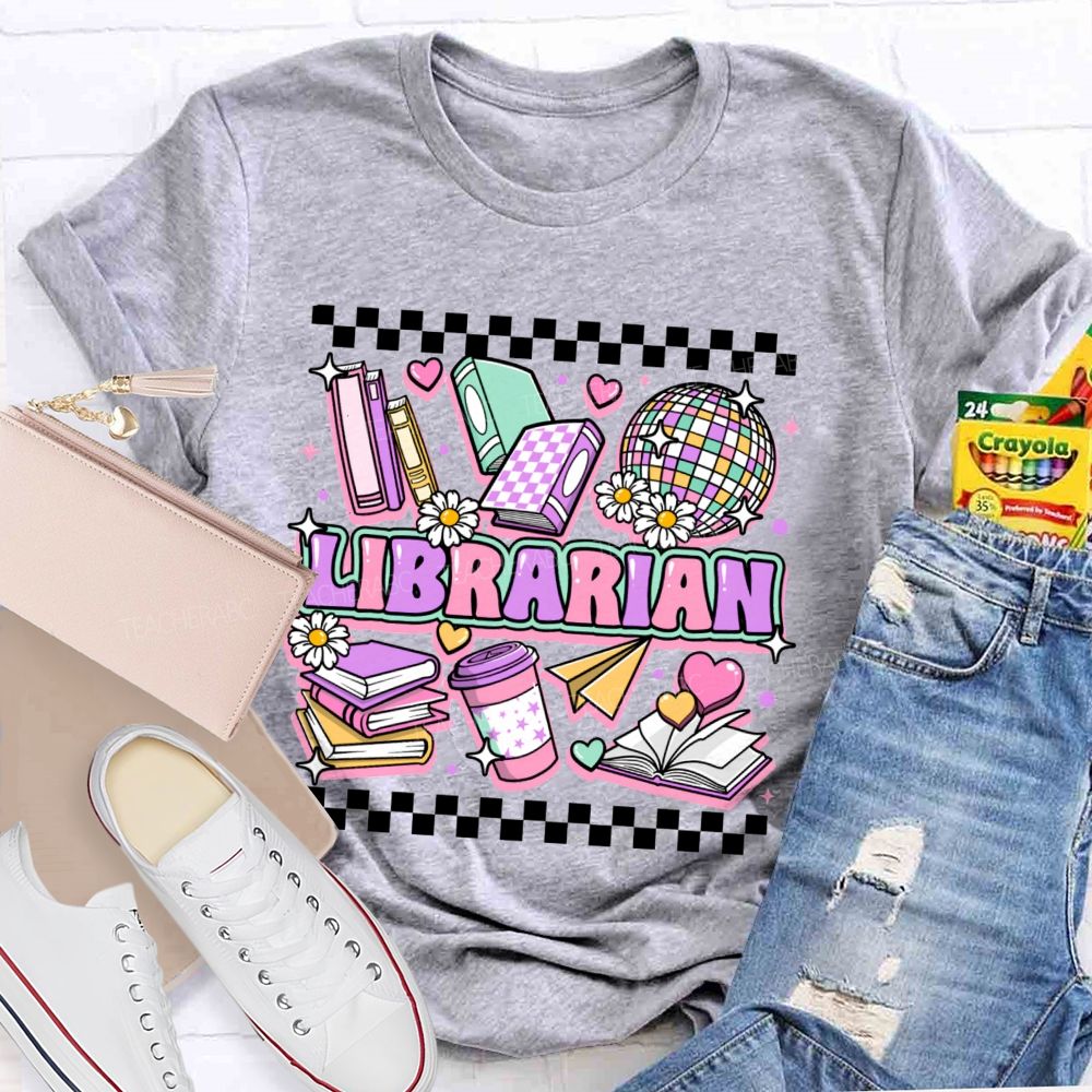 Librarian Purple Letters Checkerboard Teacher T-Shirt