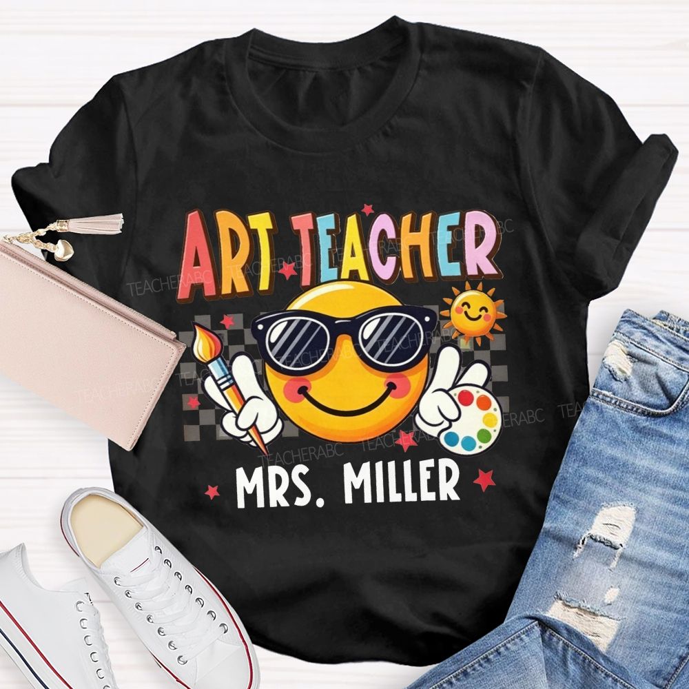 Personalized Name Art Teacher Sunglasses Emoji Artist Palette Teacher T-shirt