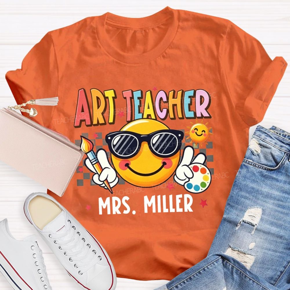 Personalized Name Art Teacher Sunglasses Emoji Artist Palette Teacher T-shirt
