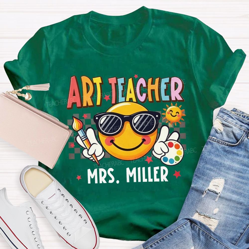 Personalized Name Art Teacher Sunglasses Emoji Artist Palette Teacher T-shirt