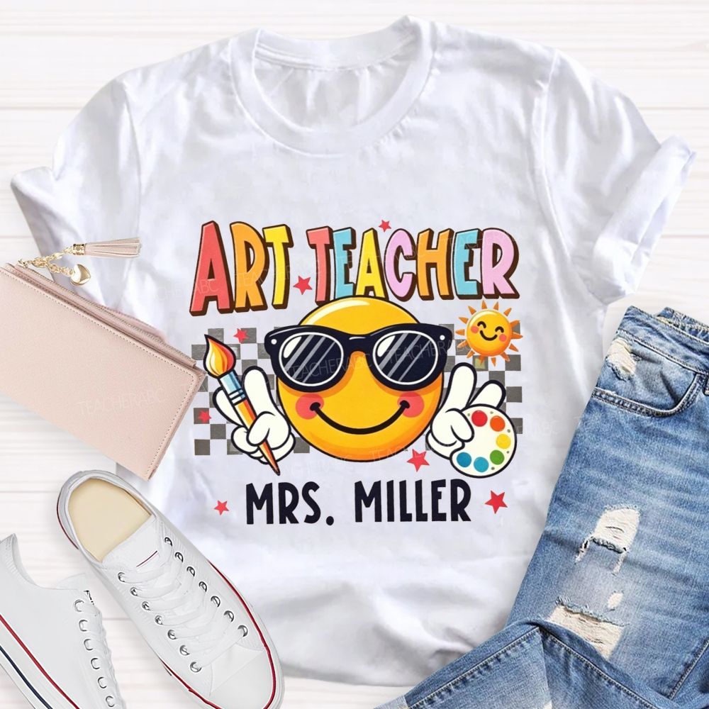Personalized Name Art Teacher Sunglasses Emoji Artist Palette Teacher T-shirt