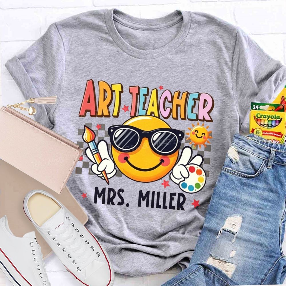 Personalized Name Art Teacher Sunglasses Emoji Artist Palette Teacher T-shirt