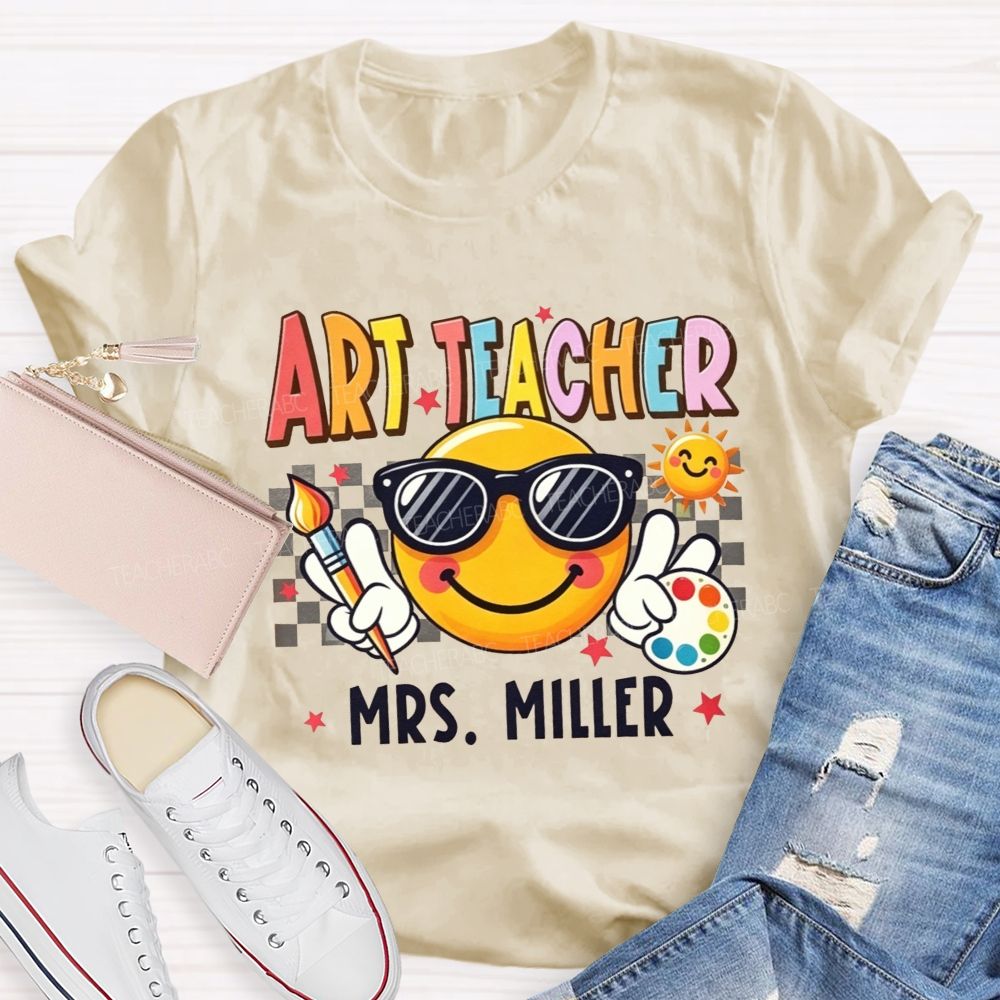 Personalized Name Art Teacher Sunglasses Emoji Artist Palette Teacher T-shirt