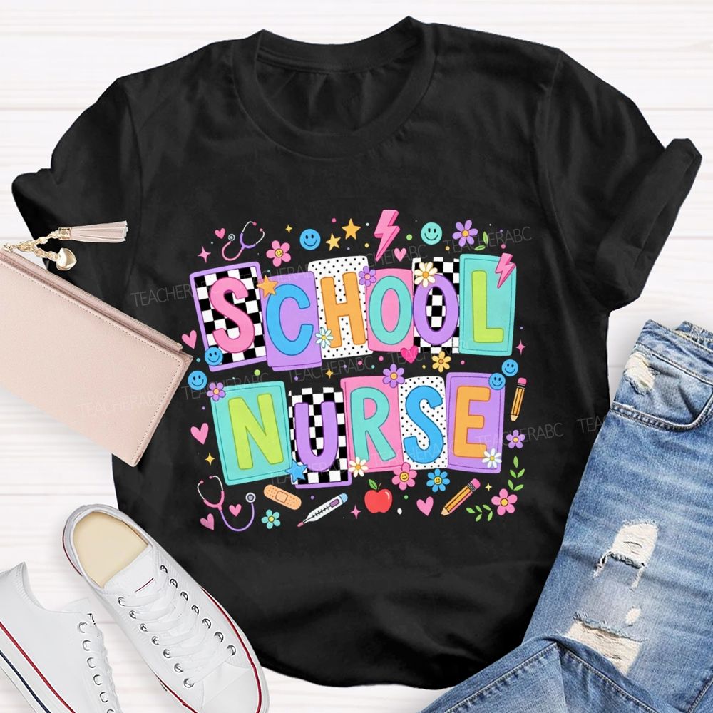 School Nurse Colorful Floral Stethoscope Bandage Graphic T-shirt