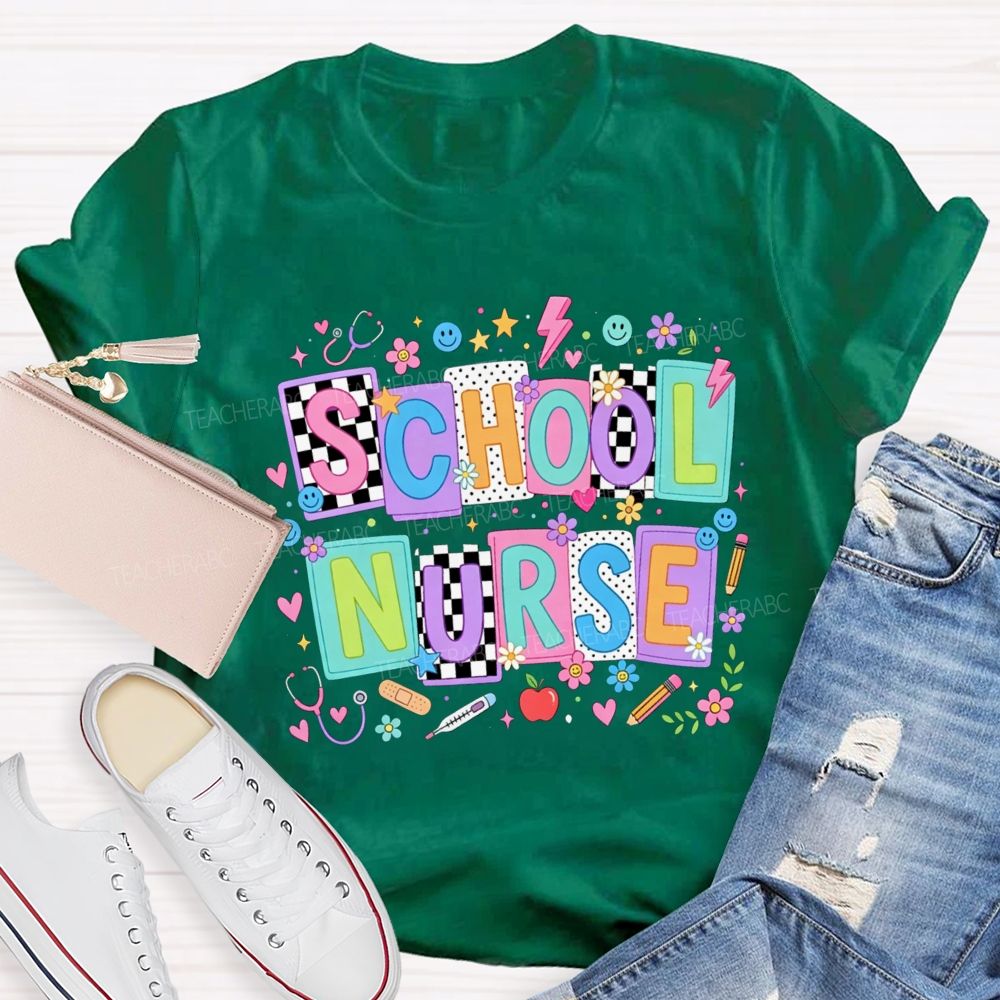 School Nurse Colorful Floral Stethoscope Bandage Graphic T-shirt