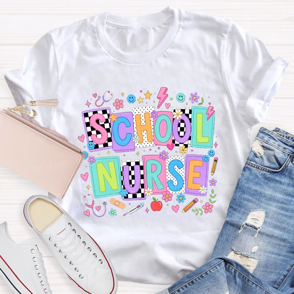 School Nurse Colorful Floral Stethoscope Bandage Graphic T-shirt