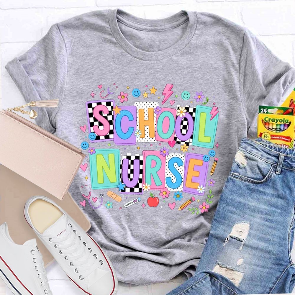 School Nurse Colorful Floral Stethoscope Bandage Graphic T-shirt