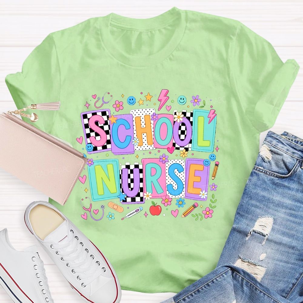 School Nurse Colorful Floral Stethoscope Bandage Graphic T-shirt
