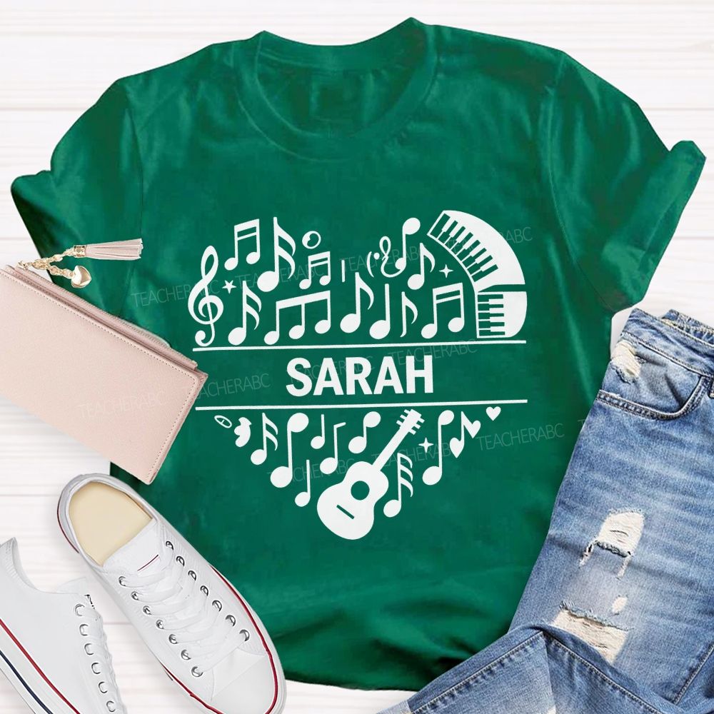 Personalized Name Music Heart Teacher Guitar Piano Note Graphic Teacher T-shirt