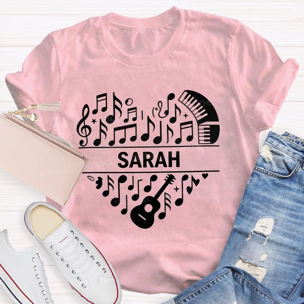 Personalized Name Music Heart Teacher Guitar Piano Note Graphic Teacher T-shirt
