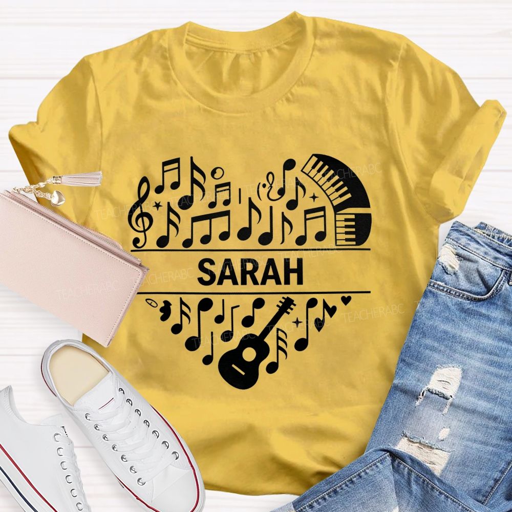Personalized Name Music Heart Teacher Guitar Piano Note Graphic Teacher T-shirt