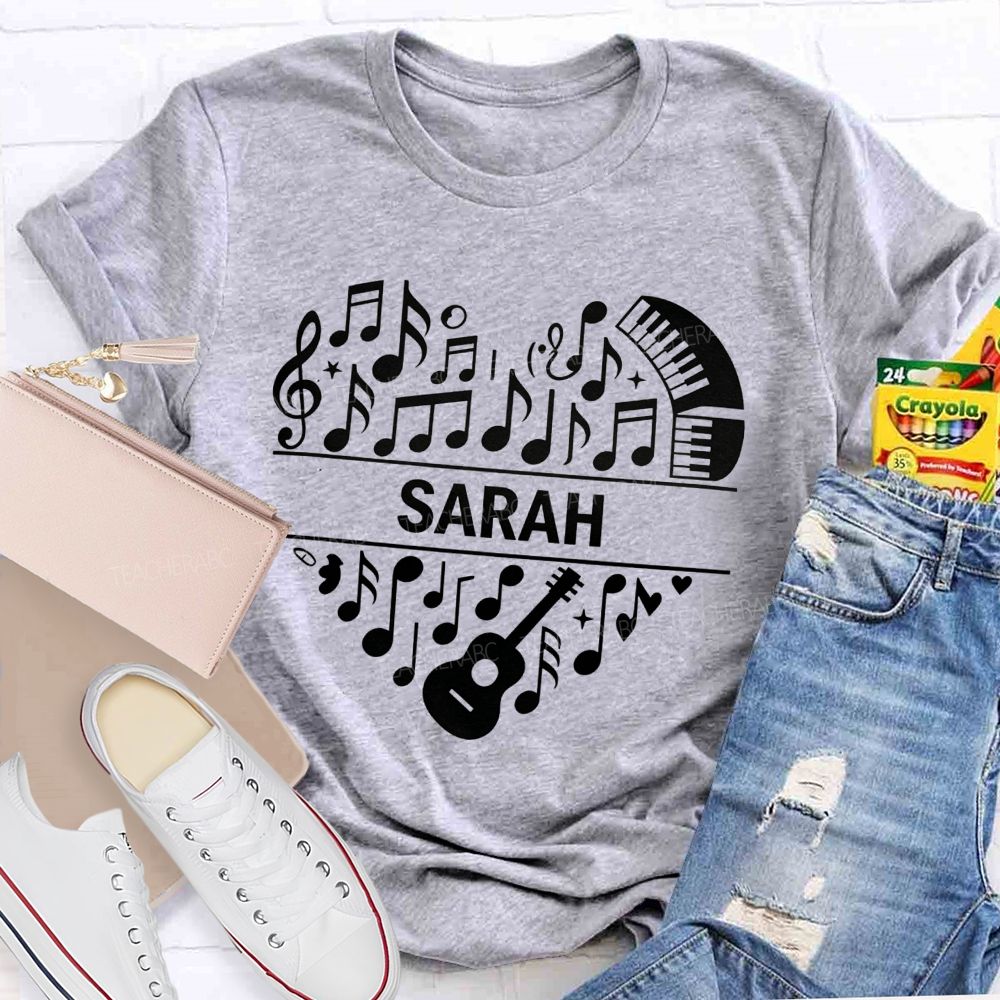 Personalized Name Music Heart Teacher Guitar Piano Note Graphic Teacher T-shirt