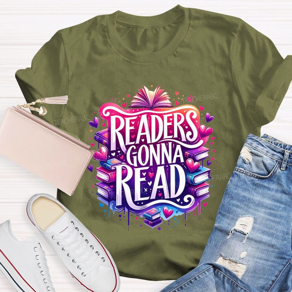 Readers Gonna Read Colorful Stacked Books Teacher T-shirt