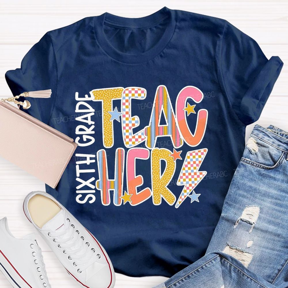 Personalized Grade Teacher Pastel Doodle Letter Teacher T-shirt