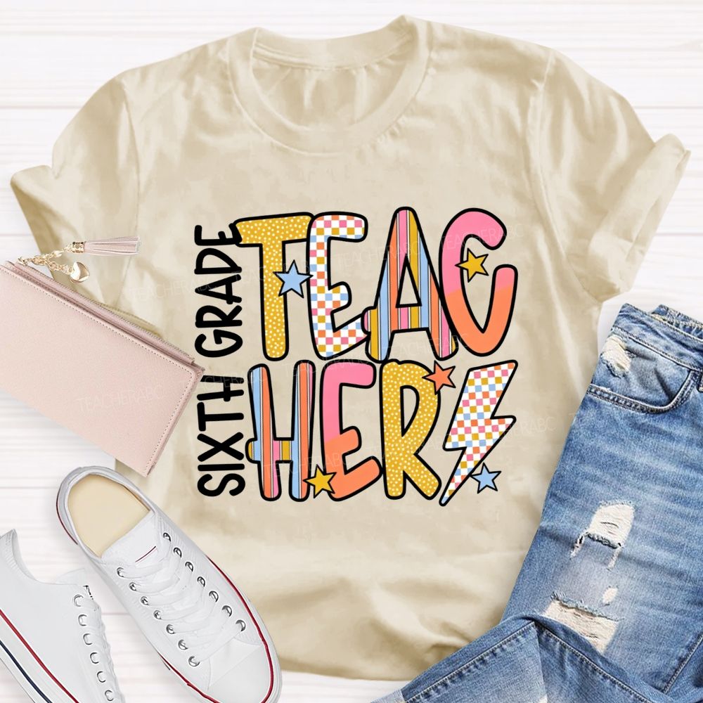 Personalized Grade Teacher Pastel Doodle Letter Teacher T-shirt