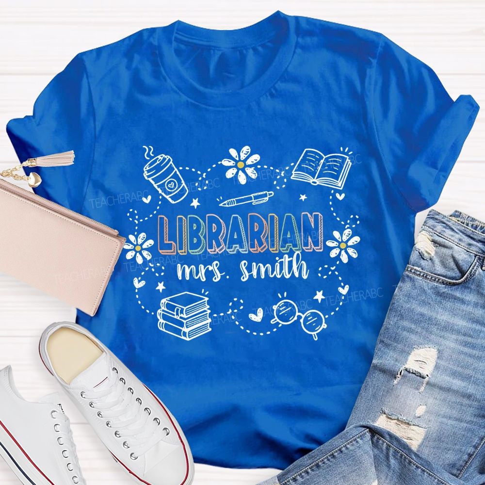 Personalized Name Librarian Daisy Book Coffee T-shirt
