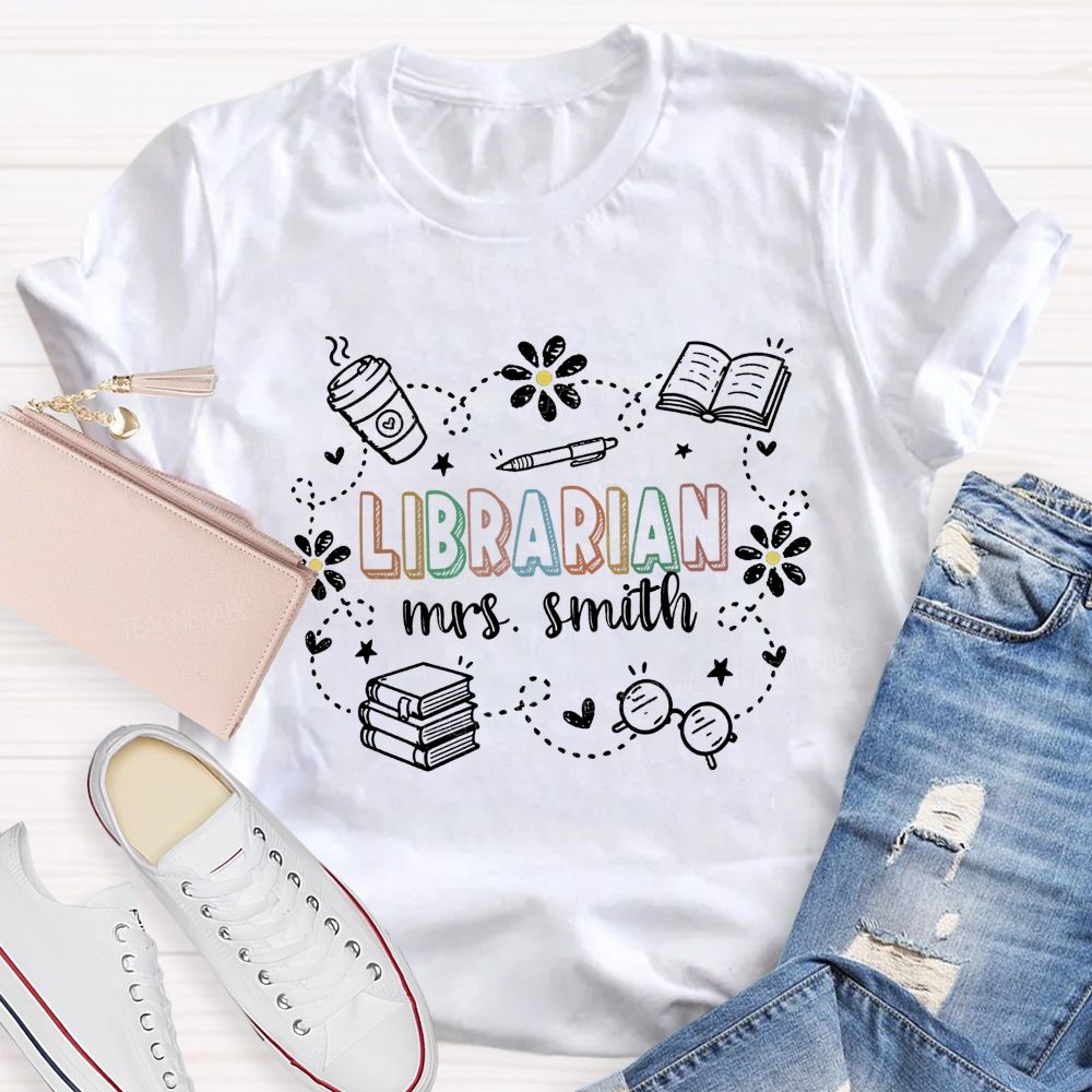 Personalized Name Librarian Daisy Book Coffee T-shirt