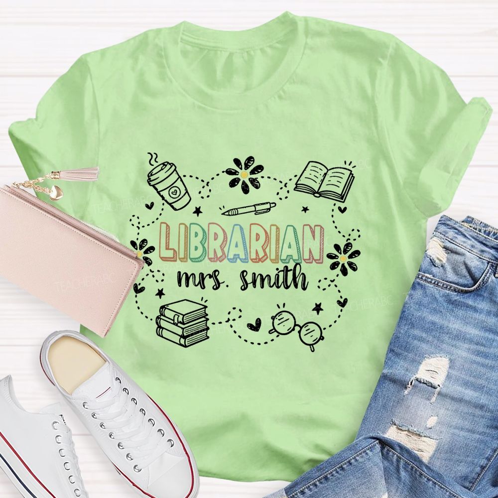 Personalized Name Librarian Daisy Book Coffee T-shirt
