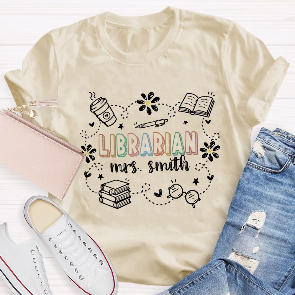 Personalized Name Librarian Daisy Book Coffee T-shirt