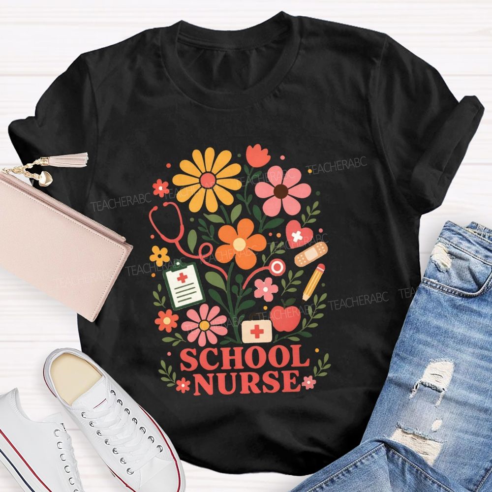 School Nurse Wildflower Stethoscope Bandage Apple T-shirt