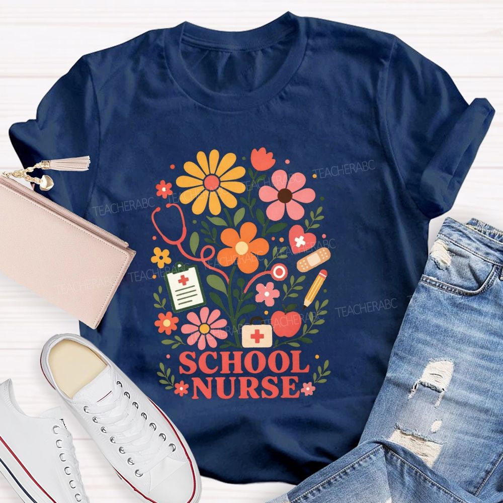School Nurse Wildflower Stethoscope Bandage Apple T-shirt