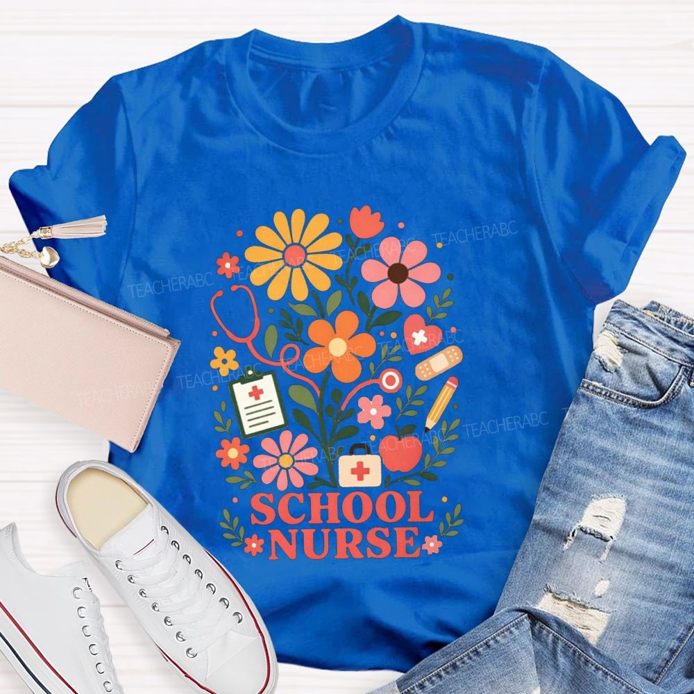 School Nurse Wildflower Stethoscope Bandage Apple T-shirt