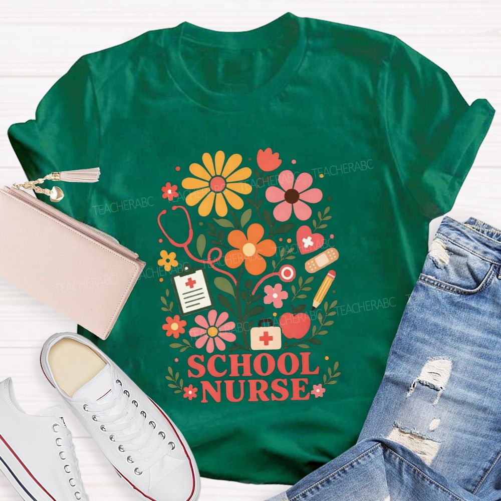 School Nurse Wildflower Stethoscope Bandage Apple T-shirt