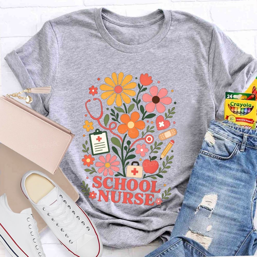 School Nurse Wildflower Stethoscope Bandage Apple T-shirt