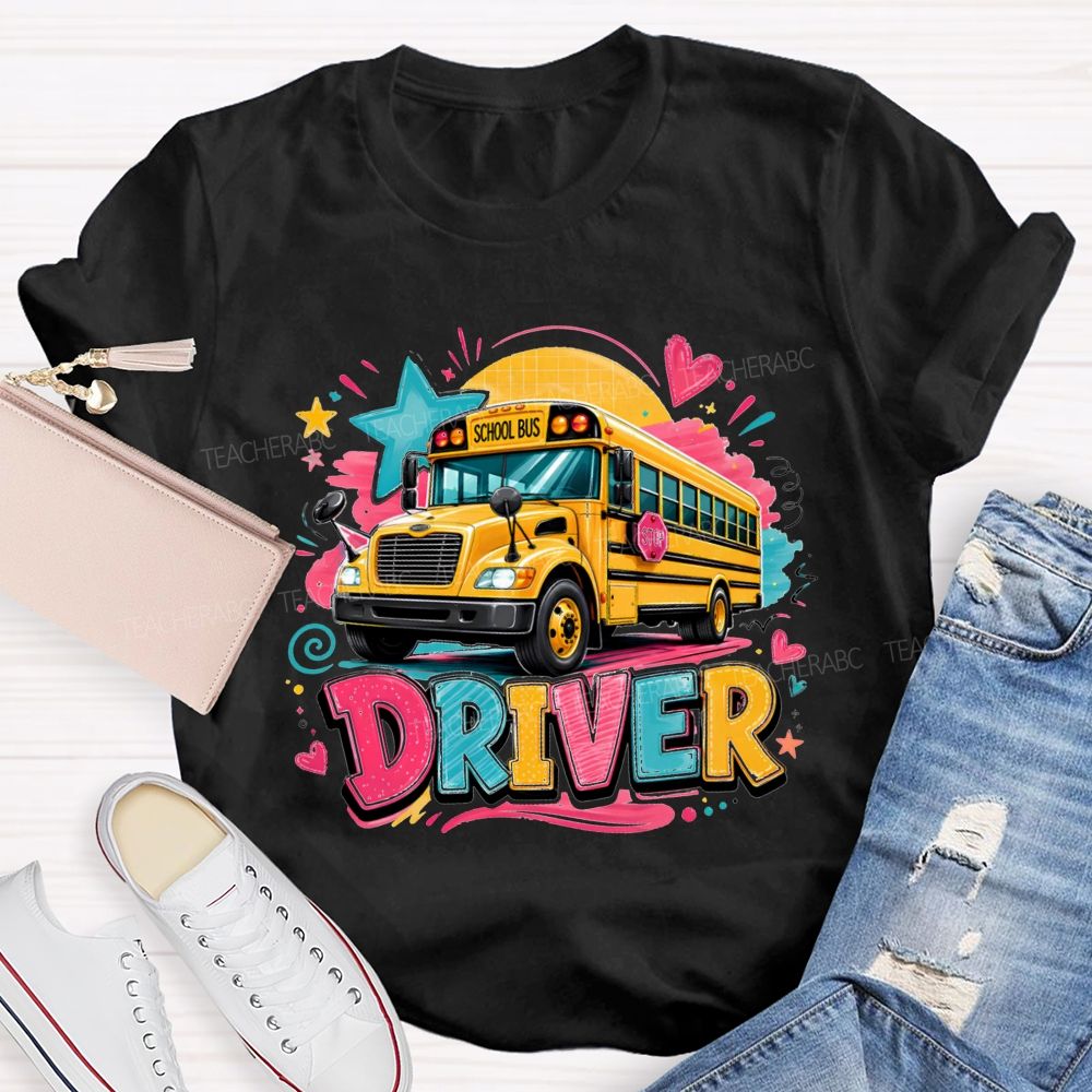 Rainbow School Bus Driver Doodle Heart Star T-shirt