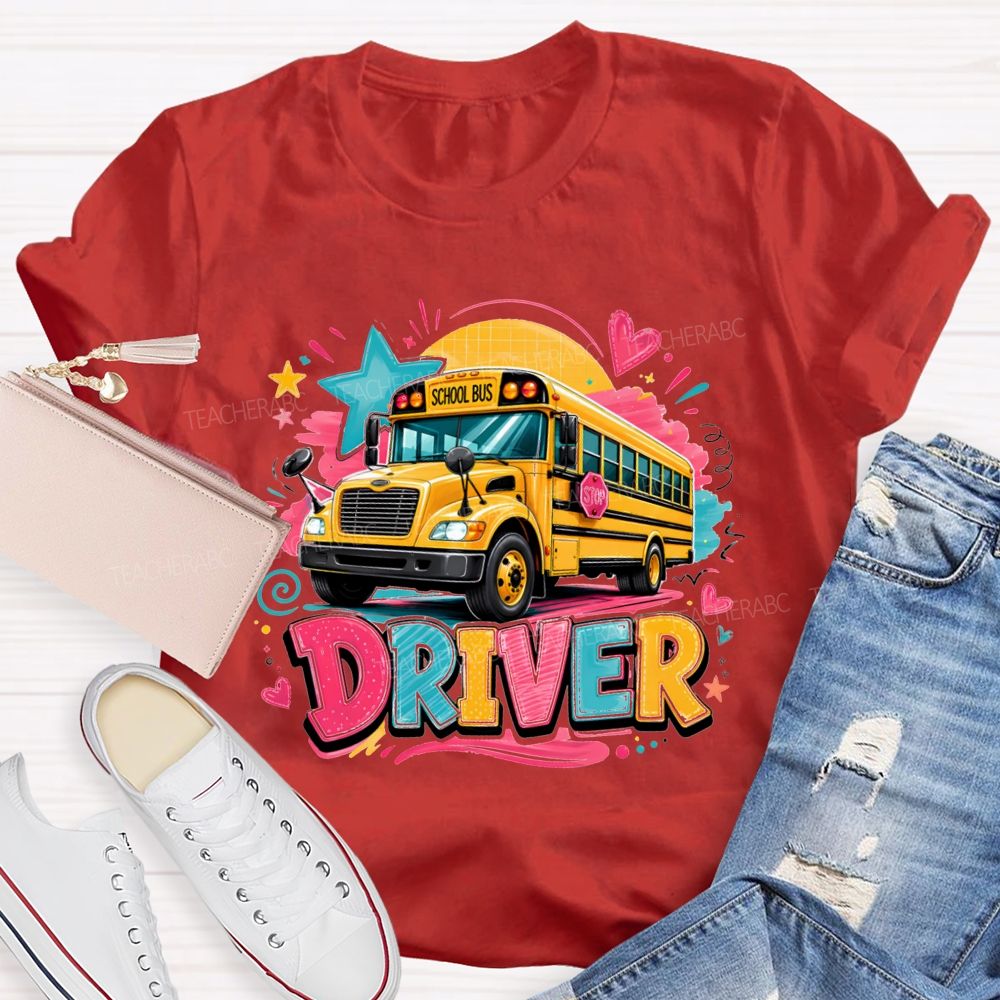 Rainbow School Bus Driver Doodle Heart Star T-shirt