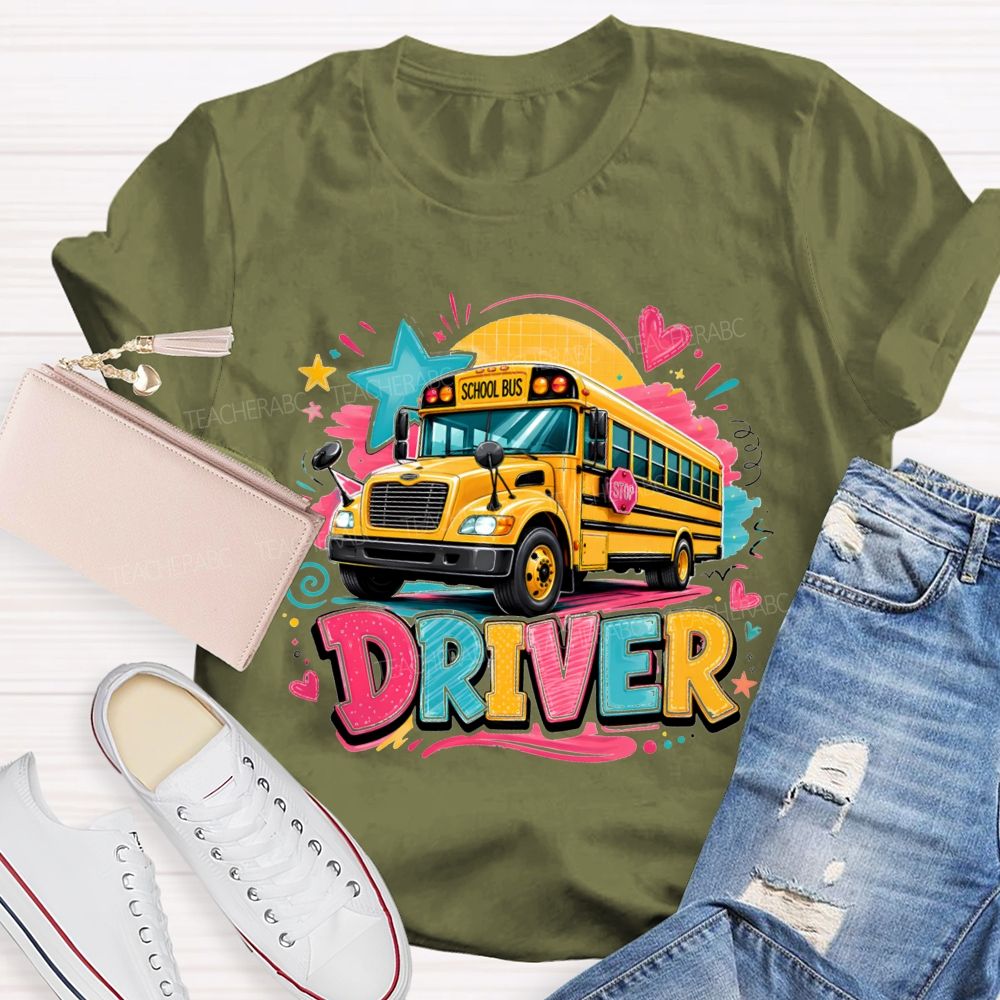 Rainbow School Bus Driver Doodle Heart Star T-shirt