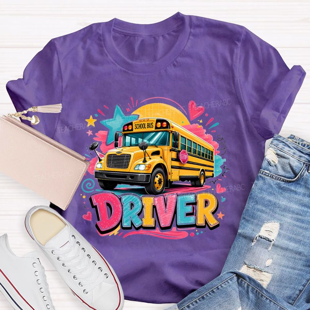 Rainbow School Bus Driver Doodle Heart Star T-shirt