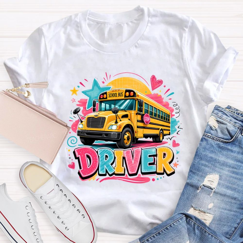 Rainbow School Bus Driver Doodle Heart Star T-shirt