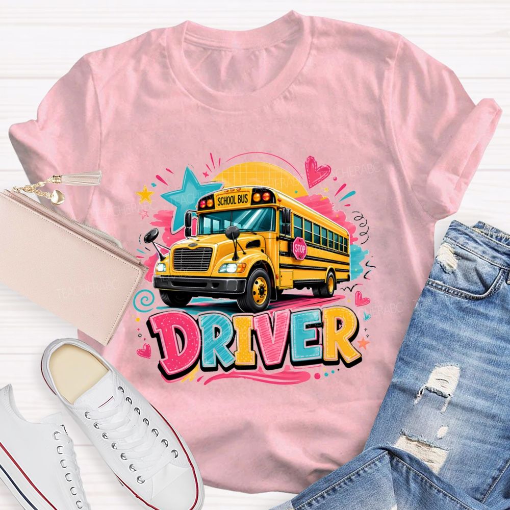 Rainbow School Bus Driver Doodle Heart Star T-shirt