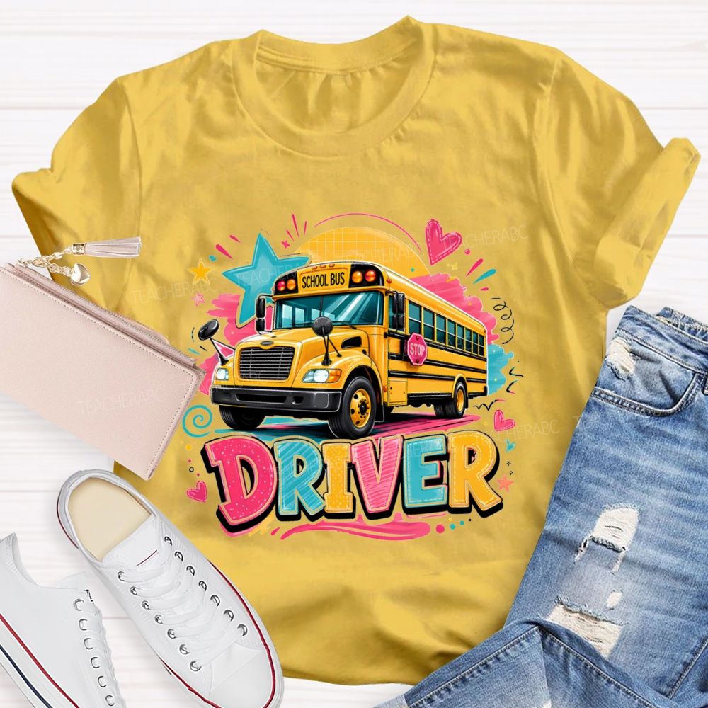 Rainbow School Bus Driver Doodle Heart Star T-shirt
