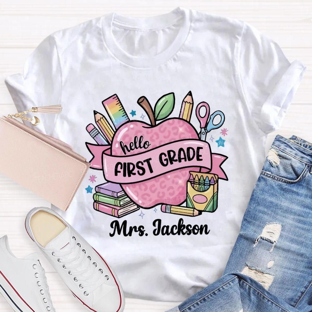 Personalized Grade And Name Pink Leopard Apple Crayon Teacher T-Shirt