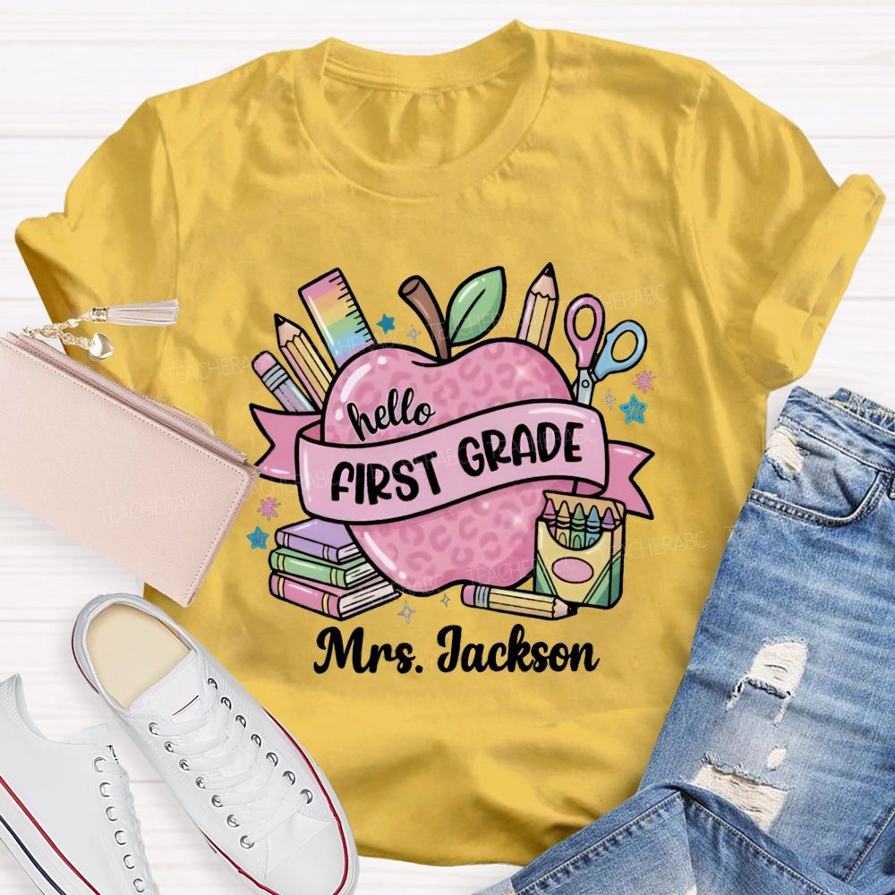 Personalized Grade And Name Pink Leopard Apple Crayon Teacher T-Shirt