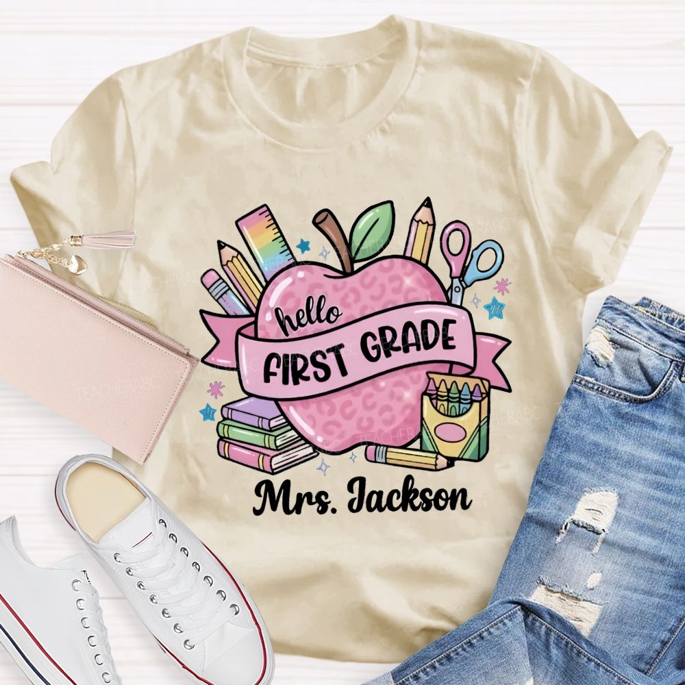 Personalized Grade And Name Pink Leopard Apple Crayon Teacher T-Shirt